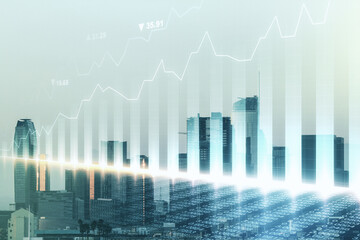 Double exposure of virtual creative financial diagram on Los Angeles office buildings background, banking and accounting concept
