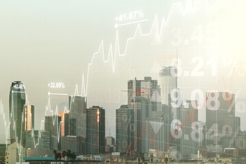 Abstract virtual financial graph hologram on Los Angeles cityscape background, financial and trading concept. Multiexposure