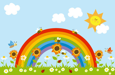Childish illustration of a rainbow, sun, bees, butterflies, ladybugs, sunflowers and daisies.