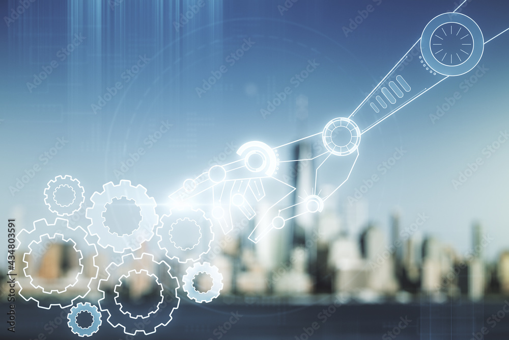 Aufkleber abstract virtual robotics technology sketch on blurry office buildings background, future technology