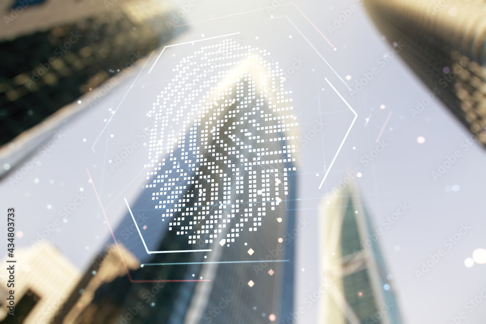 Poster Multi exposure of virtual graphic fingerprint sketch on modern architecture background, fingerprint scan data concept