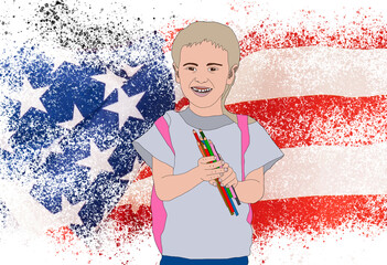 illustration of child on the background of the flag of america