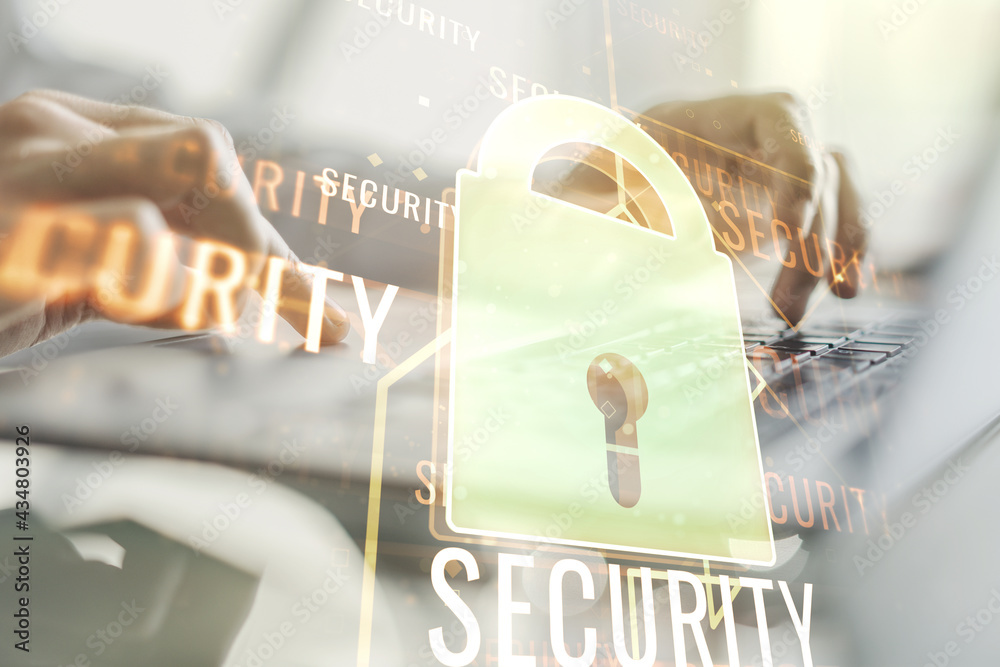 Poster creative lock sketch with chip hologram and hands typing on computer keyboard on background, protect