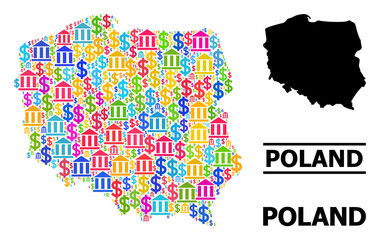 Fototapeta premium Colored bank and dollar mosaic and solid map of Poland. Map of Poland vector mosaic for promotion campaigns and applications. Map of Poland is designed with colored bank and dollar particles.