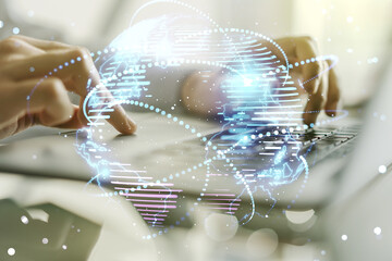 Abstract graphic digital world map with connections and hands typing on computer keyboard on background, globalization concept. Multiexposure