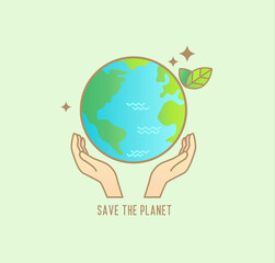 Save the planet banner for environment safety. Human hand under the green planet as save earth concept for cards, posters, advertise.Eco friendly world.Ecology concept.Vector illustration.