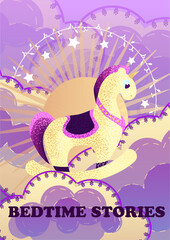 Cartoon sky at sunset. Fabulous background. A magic pony floats among the clouds on a boat. Postcard For birthday, housewarming, party, toy stores, book covers, stories. EPS10