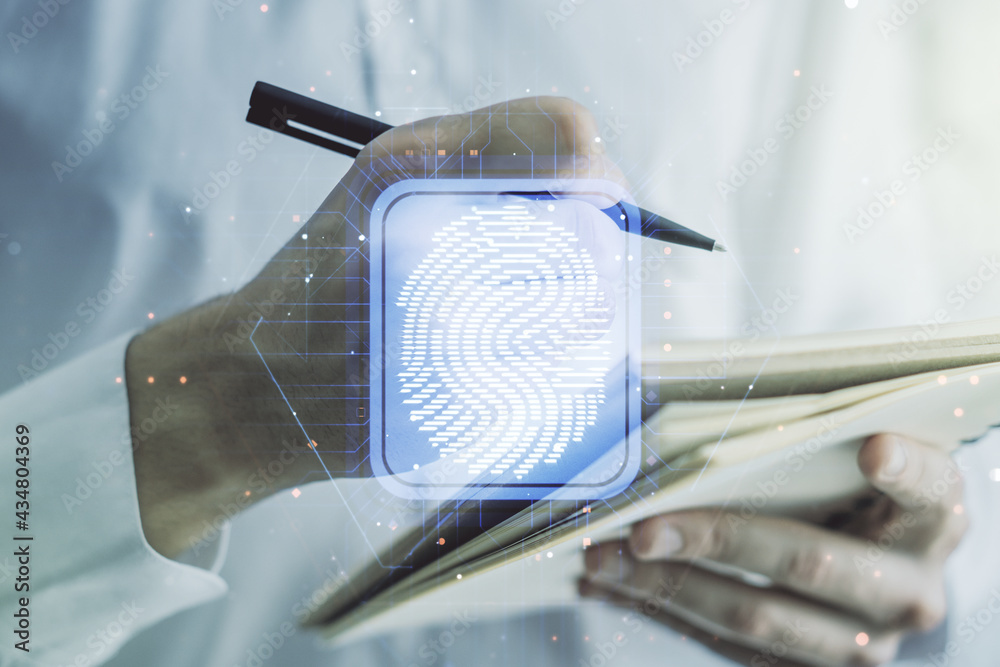 Aufkleber Multi exposure of abstract graphic fingerprint sketch with man hand writing in diary on background, fingerprint scan data concept