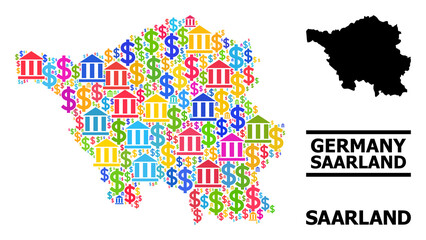 Multicolored bank and dollar mosaic and solid map of Saarland State. Map of Saarland State vector mosaic for business campaigns and doctrines.