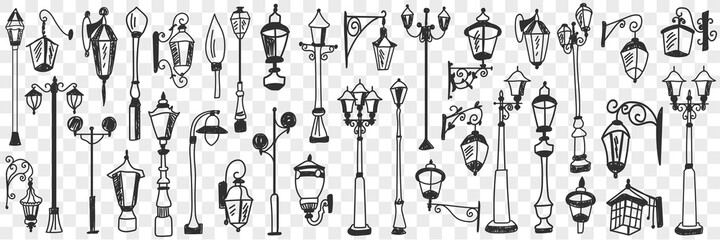 Outdoors vintage lamps doodle set. Collection of hand drawn various shapes and styles of street lamps for outdoor light and decorations in rows isolated on transparent background 