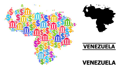 Colored bank and dollar mosaic and solid map of Venezuela. Map of Venezuela vector mosaic for business campaigns and agitation. Map of Venezuela is formed with vibrant dollar and bank ojects.