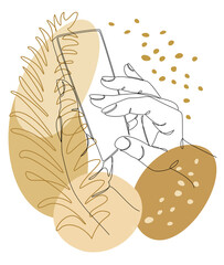 Silhouettes of human hands with a telephone and plant leaves in a modern one line style. Continuous line drawing, aesthetic outline for decor, posters, wall art, stickers, logo. Vector illustration.