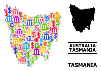 Colored bank and business mosaic and solid map of Tasmania Island. Map of Tasmania Island vector mosaic for promotion campaigns and projects.