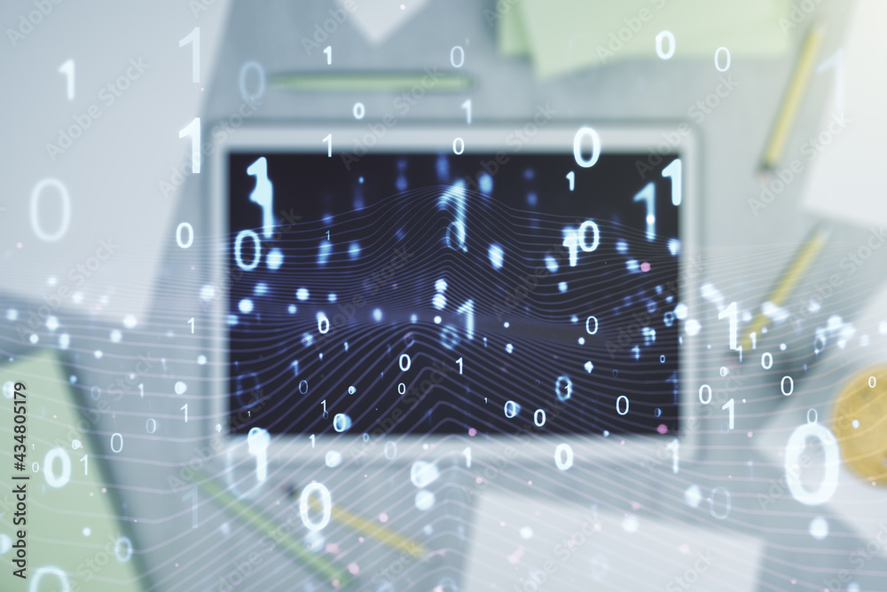 Poster creative concept of binary code illustration and modern digital tablet on background, top view. big 