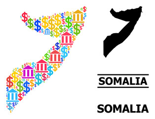 Colored bank and commercial mosaic and solid map of Somalia. Map of Somalia vector mosaic for geographic campaigns and propaganda. Map of Somalia is created from colored bank and dollar icons.