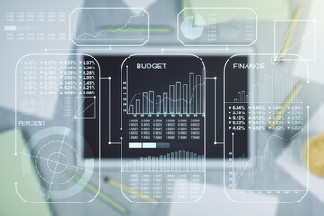 Abstract creative stats data concept and modern digital tablet on background, top view. Multiexposure