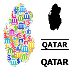 Bright colored bank and money mosaic and solid map of Qatar. Map of Qatar vector mosaic for promotion campaigns and applications. Map of Qatar is composed with bright colored bank and dollar symbols.