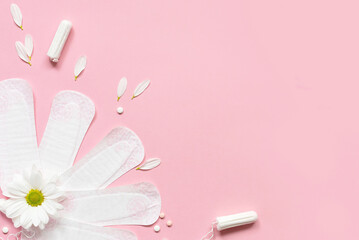 Menstrual pads and tampons. Copy space. Flat lay