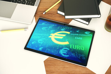 Creative EURO symbols illustration on modern digital tablet display, forex and currency concept. Top view. 3D Rendering
