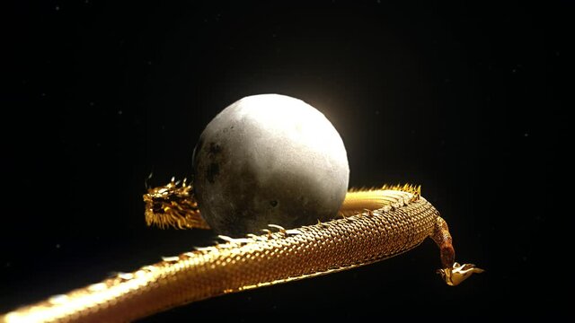 Gold chinese dragon move around the moon and star in background with 3d rendering.