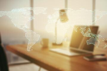 Abstract creative digital world map on modern computer background, globalization concept....