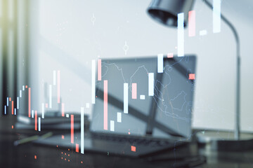 Multi exposure of abstract financial diagram on computer background, banking and accounting concept
