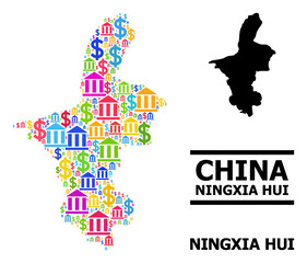 Vibrant bank and dollar mosaic and solid map of Ningxia Hui Region. Map of Ningxia Hui Region vector mosaic for promotion campaigns and posters.