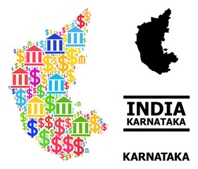 Bright colored bank and money mosaic and solid map of Karnataka State. Map of Karnataka State vector mosaic for promotion campaigns and promotion.