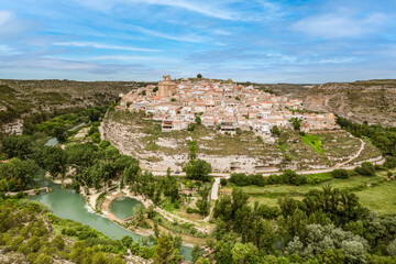 Fototapeta na wymiar Panoramic view of Jorquera small village in a River Jucar meander, Albacete province, Spain