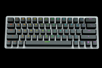 Black computer keyboard with rgb colors isolated on black background.