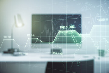 Multi exposure of abstract statistics data hologram interface on computer background, computing and analytics concept