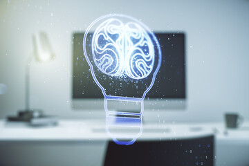 Creative idea concept with light bulb and human brain illustration on modern laptop background. Neural networks and machine learning concept. Multiexposure