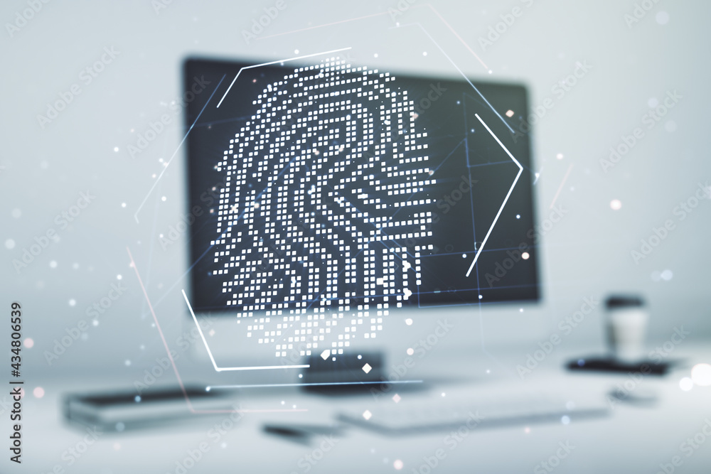 Poster Multi exposure of abstract creative fingerprint illustration on modern laptop background, digital access concept