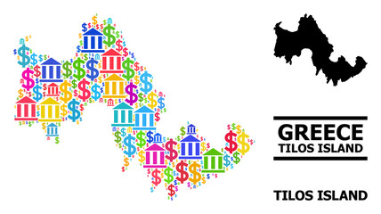 Bright colored bank and commerce mosaic and solid map of Tilos Island. Map of Tilos Island vector mosaic for advertisement campaigns and propaganda.