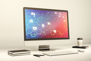 Modern computer monitor with creative abstract medical hologram. Healthcare technolody concept. 3D Rendering