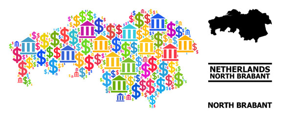 Multicolored financial and dollar mosaic and solid map of North Brabant Province. Map of North Brabant Province vector mosaic for promotion campaigns and doctrines.