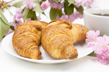 Croissants on a white plate and a cup of coffee on a background of delicate flowers.