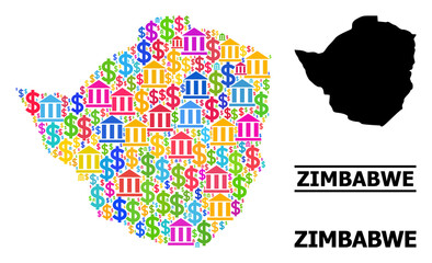 Colored bank and dollar mosaic and solid map of Zimbabwe. Map of Zimbabwe vector mosaic for ads campaigns and promotion. Map of Zimbabwe is designed with colored dollar and bank items.