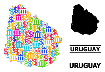 Colored bank and dollar mosaic and solid map of Uruguay. Map of Uruguay vector mosaic for ads campaigns and purposes. Map of Uruguay is designed with multicolored dollar and bank particles.