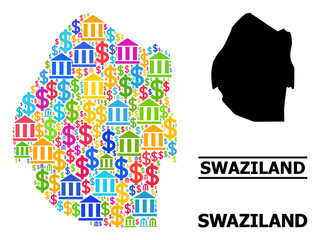 Bright colored finance and money mosaic and solid map of Swaziland. Map of Swaziland vector mosaic for business campaigns and propaganda.