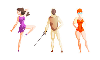 Professional Athletes Doing Sports Set, Girl Figure Skater, Swimmer, Man Fencer Cartoon Vector Illustration