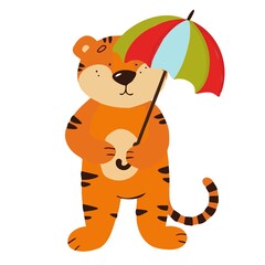 Vector illustration with a tiger holding an umbrella in the rain. The tiger cub is hiding from the rain.