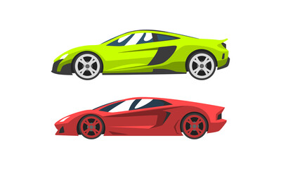 Set of Fast Motor Racing Cars, Side View of Colorful Racing Bolids Flat Vector Illustration