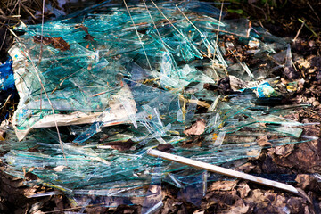 Broken blue glass in the forest dump