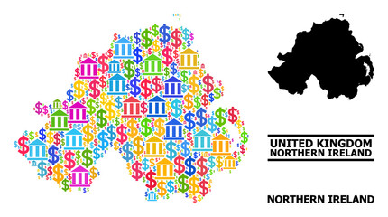 Colorful financial and dollar mosaic and solid map of Northern Ireland. Map of Northern Ireland vector mosaic for GDP campaigns and propaganda.