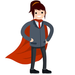 Female businesswoman. Superhero in red cloak. Girl in strong pose and suit. Success and victory in business. Cartoon flat illustration