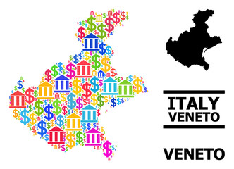 Bright colored finance and money mosaic and solid map of Veneto region. Map of Veneto region vector mosaic for geographic campaigns and promotion.