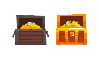 Treasure Wooden Brown Chests Set, Opened Antique Pirate Dower Chest Cartoon Vector Illustration
