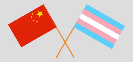 Crossed flags of China and transgender pride. Official colors. Correct proportion