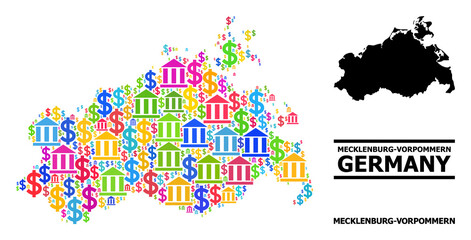Colorful bank and commerce mosaic and solid map of Mecklenburg-Vorpommern State. Map of Mecklenburg-Vorpommern State vector mosaic for business campaigns and agitation.